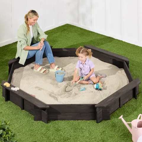 Best Choice Products Kid's Octagonal Wooden Outdoor Sandbox w/ Benches, 8 Seats, Cover, XL Sandpit, Liner