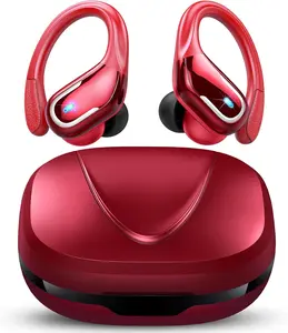 Earbud, Bluetooh 5.4 Headphones Pure Bass Sound with Earhooks, 75H  in-Ear  Earbud with Dual-LED Display, IP7  Earphones Built-in Microphone for Running, Red