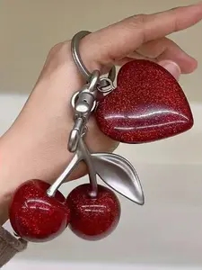 Glitter cherry heart keychain, metal link wine red fashion pendant, metal accessories personality creative shape bag pendant, niche design cherry heart keychain original jewelry bag pendant car keychain gift Cute Charms Keychain Bling Bling Keychains