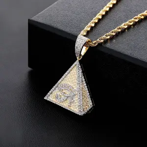 Hip Hop Gold Color Plated Egyptian Pyramid Eye of Horus Pendant Necklace Iced Out Micro Paved Zircon Charm Jewelry