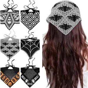 6 Pack Gothic Crochet Headbands for Women Cotton Knitting Triangle Headband Halloween Style  Scarf Costume  Bat Skull Ghost Pumpkin Net For Masquerade Supplies