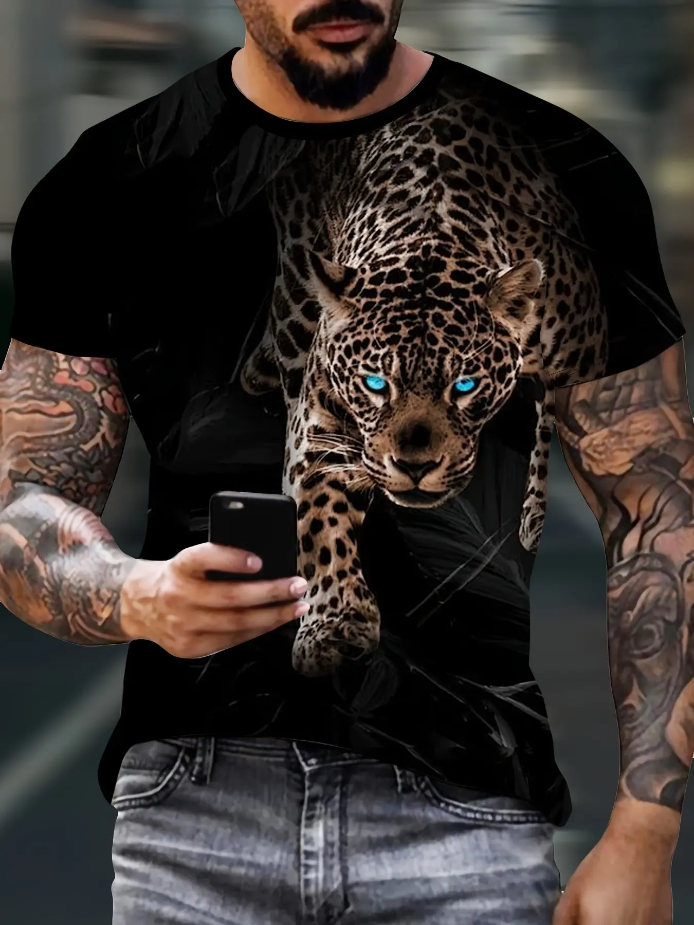 Men's Casual Comfortable T-Shirt, Creative Leopard Pattern Print, Round Neck Short Sleeve, Loose Fit Summer Leisure Wear, Streetwear