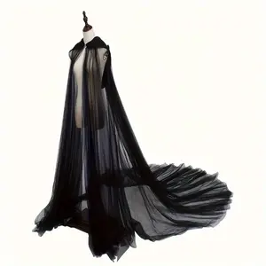 [Holiday Cheer, Elegant Cloak] Elegant Women's Vintage Hooded Cloak - Sheer Mesh Cape with Flowing Design, Available in Black, Red, White - Perfect for Halloween and Themed Events