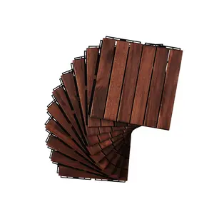 10 PCS Interlocking Deck Tiles with Striped Pattern, 12" x 12" Square Acacia Hardwood for Patio, Balcony, Pool Side