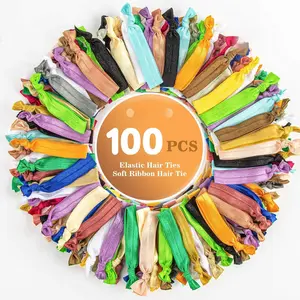 100 count Soft Ribbon Hair-Ties - Elastic No Crease Ribbon, Knotted Hair Tie, 20 Colors for Woman, Girl