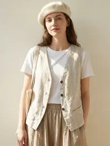 IDEALSANXUN Women's Cotton Linen Vest - Soft Lightweight Button Open Front Waist Design, Elegant Boho Sleeveless Top for Summer Spring Everyday Beige Gilet Jacket Casual V-Neck