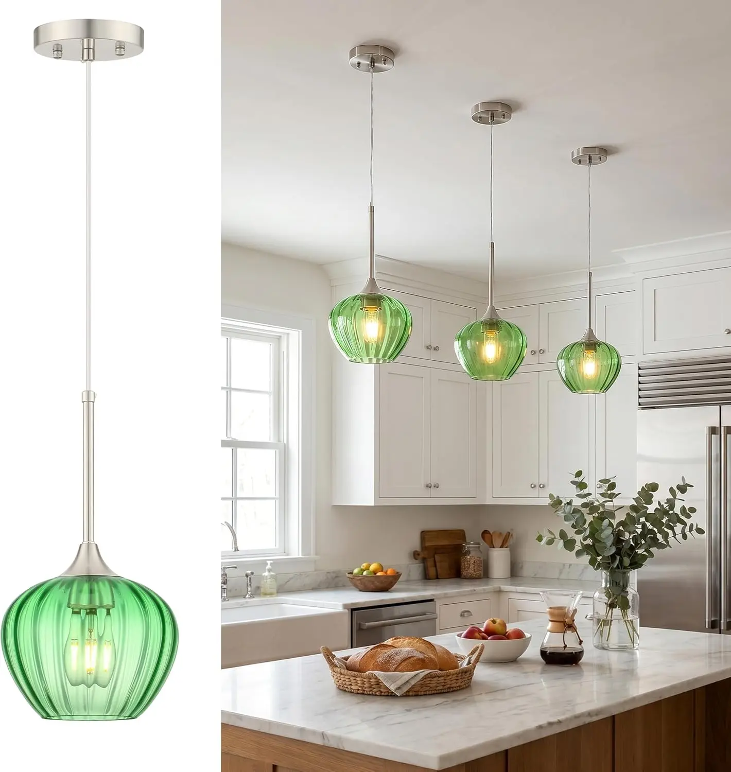 Green Pendant Lights Kitchen Island, 7 Inch Vintage Hammered Glass Pendant Lighting, Brushed Nickel Adjustable Hanging Lamp for Sink Bathroom Dining Room Home Decor