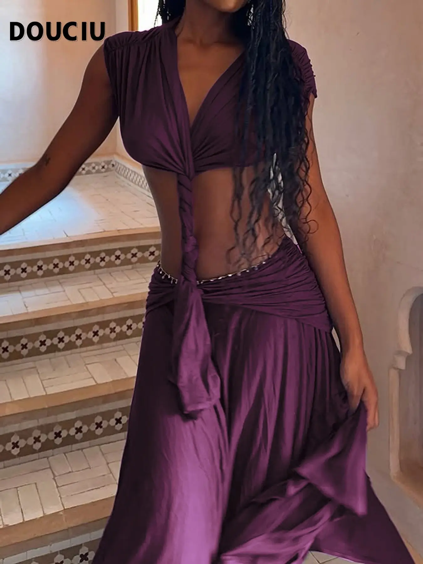 DOUCIU Summer Yacht Pool Party Beach Vacation Photo Dress, Asymmetrical Dress Up Gown, Sexy Elegant Thin Pure Color Sleeveless Halter Neck Irregular Hem, Womenswear Women's Fashion