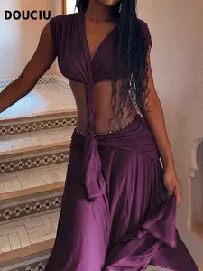 DOUCIU Summer Yacht Pool Party Beach Vacation Photo Dress, Asymmetrical Dress Up Gown, Sexy Elegant Thin Pure Color Sleeveless Halter Neck Irregular Hem, Womenswear Women's Fashion