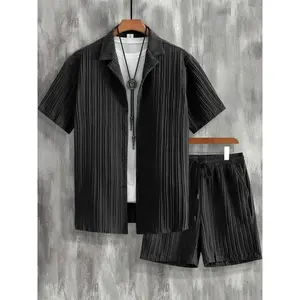 Men's Solid Short Sleeve Shirt & Shorts Loungewear Two-piece Set, Regular Fit Casual Comfy Top & Shorts PJ Set, Men's Sleepwear for Summer