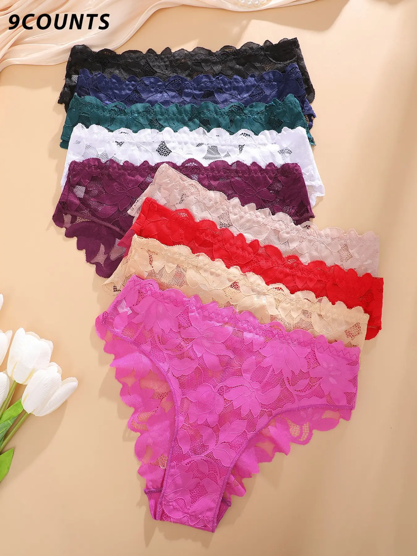 Elegant Lace Floral Women's Triangle Fitted Panties Set of 9, Comfortable Breathable Design, Essential for Daily Wear and Dates