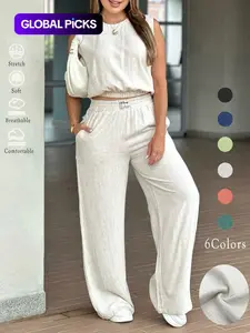 Women's 2-Piece Solid Color Tank Top & Wide Leg Pants Set, Matching Casual Fashion Breathable Elastic Outfit for Daily Outdoor Wear, Ladies Clothes for Summer