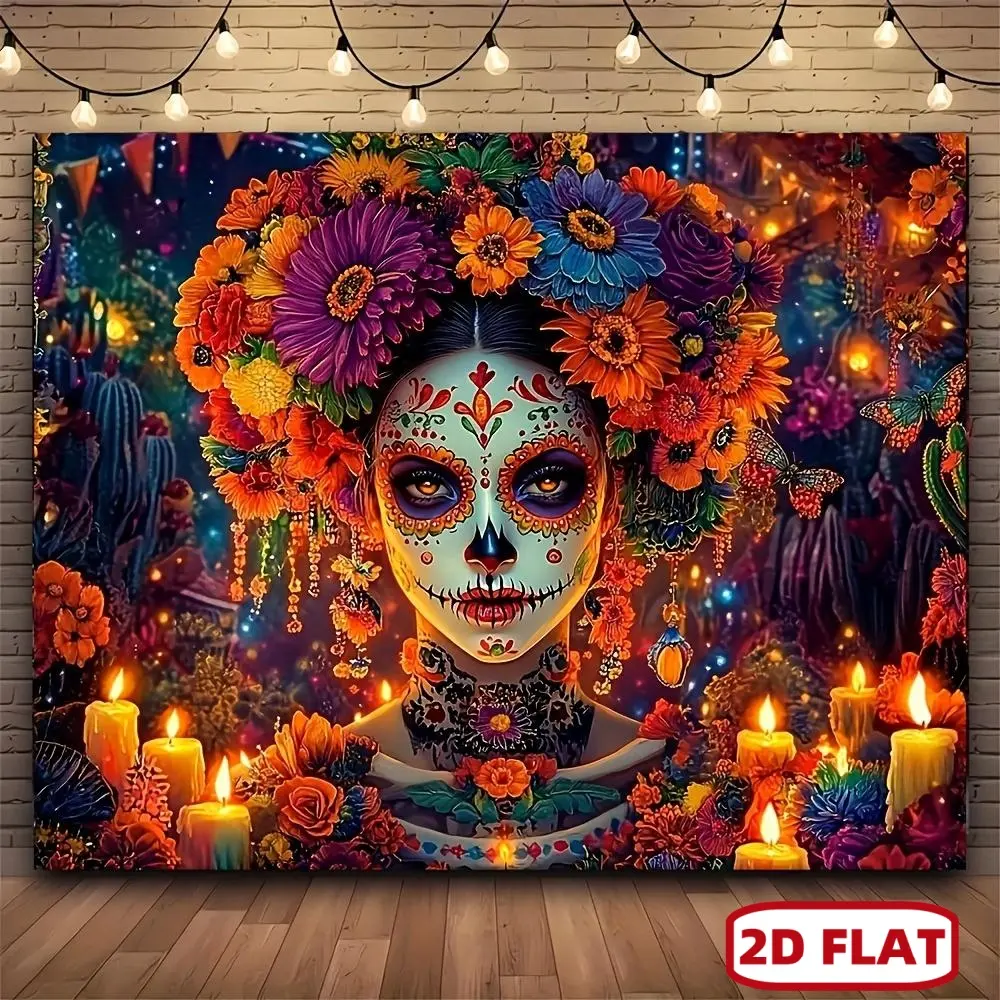 Extra Large Polyester Sugar Skull Tapestry - Boho Floral Design Decorative Wall Mural with Flowers, 2D Flat Flag, Vibrant Day of the Dead Mexican Fiesta Backdrop, Room Decor Photo Booth Prop