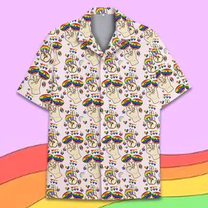 LGBT Pride Donut Hawaiian Shirt Men Women, Rainbow Hand Sign Print Button Up Top, Festival Outfit, Colorful Summer Shirt