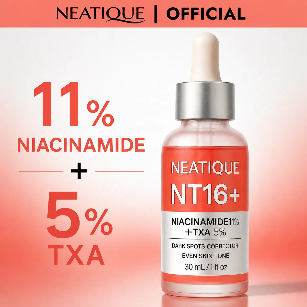 NEATIQUE NT16+ Dual Active Face Serum, 11% Niacinamide + 5% Tranexamic Acid + Hyaluronic Acid + Botanical Extracts, Hydrating Moisturizing Lightweight Daily Skincare for All Skin Types (Uneven Tone, Smoother Texture), 30 mL, Apply After Cleanse, Hydrate,,