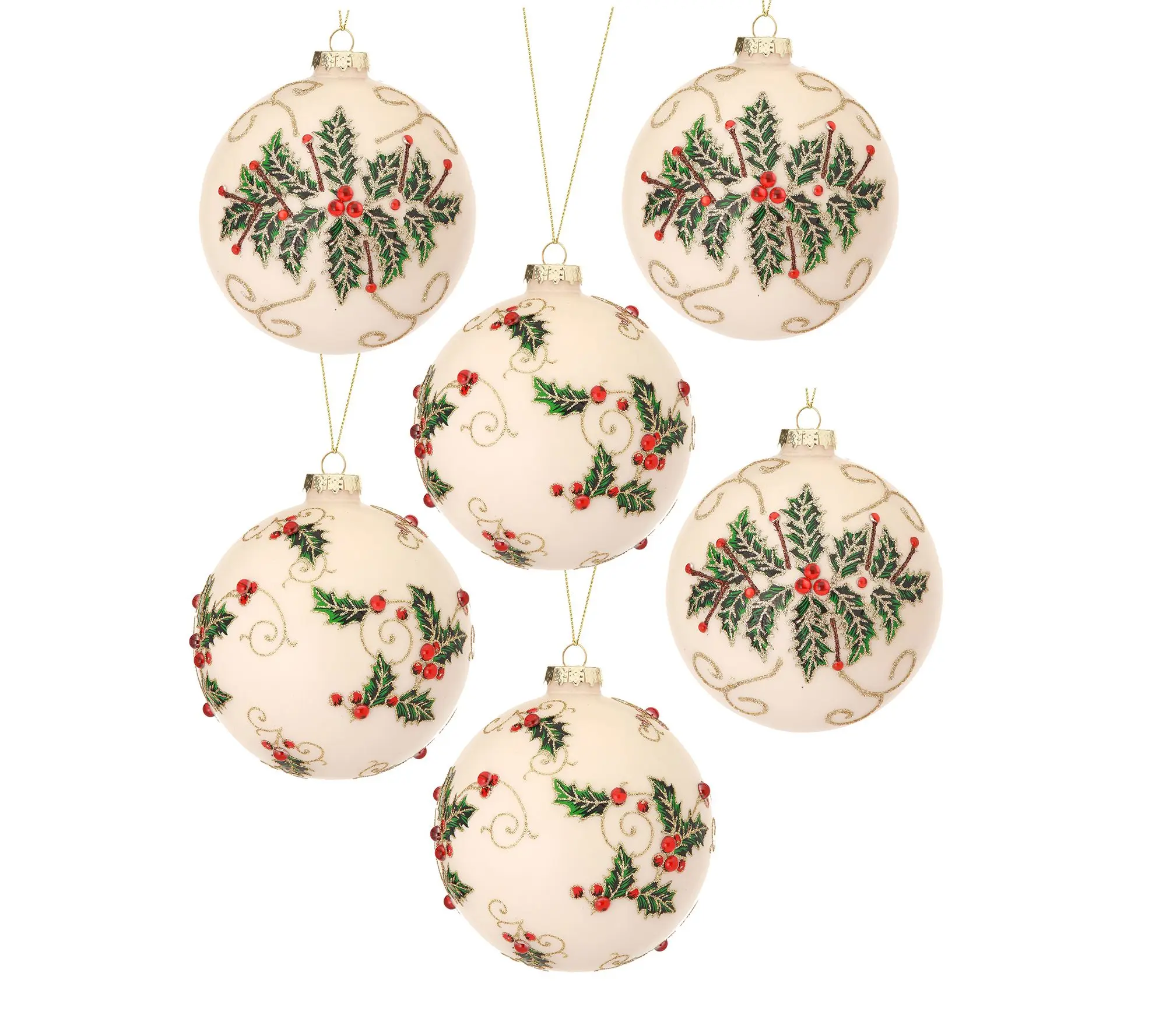 4" Glass Jewel Holly Vine Ball Ornament Set of 6 by Valerie