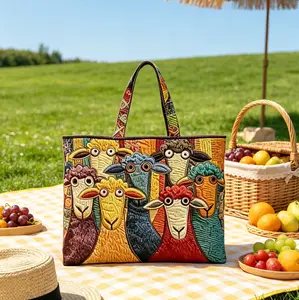 Bohemian-style large-capacity quilted handbag featuring seven different cute sheep print patterns on the bag body; a fashionable retro tote suitable for daily commuting, short trips, and travel.