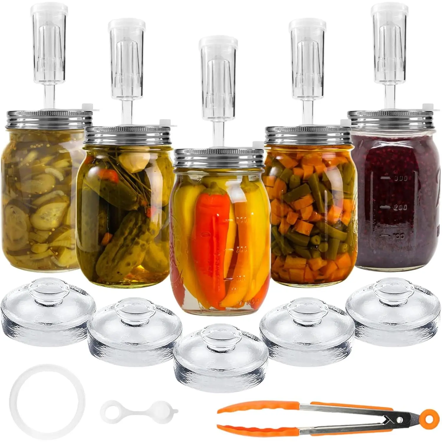 28 count Fermentation Kit-5 Stainless Steel Fermentation Lids, 5 Glass Weights, 5 Airlocks, 6  Rings, 6  Grommet, 1  Tong for Wide Mouth Mason Jar(Jars Not Included)