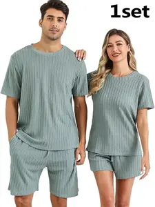 Couple's Solid Color Tee & Shorts Set, Casual Comfy Round Neck Short Sleeve T-Shirt & Shorts PJ Set, Couple's Sleepwear for All Seasons, Loungewear
