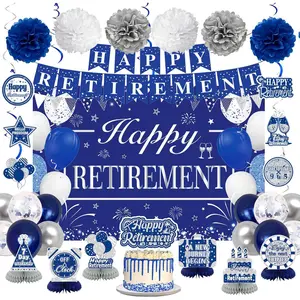 Retirement Party Decorations for Men Women Blue Silver Happy Retirement Banner Backdrop Balloons Paper Pompoms Honeycomb Centerpiece Cake Topper Hanging Swirl Set
