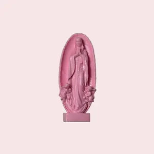 Pink Virgen Mary Mini Statue 3 Inches Tall Plastic Indoor Decor with Adhesive Base for Small Spaces Decoration