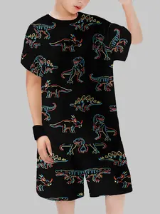 Neon Dinosaur Full-Print Kids Set, Summer Boys Short Sleeve Shorts Casual Trendy Two-Piece, Loose-Fitting Regular Length, All Seasons
