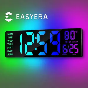 <Valentine's Day Gifts> EASYERA 16.5"&12" Large 2 in 1 Digital Wall Clock with Remote Control, RGB Atmosphere Lights with 11 Scenes Mode, Dual Alarms with BIG LED Display, Teacher Classroom, Office, GameRoom, LivingRoom, Auto Dst Adjustment Timer Clock