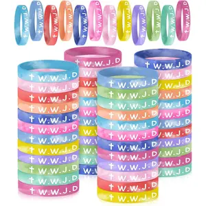 24/48/60Pcs WWJD  Bracelets, 12 Colors Religious Rubber Wristbands, Christmas Inspirational Bands