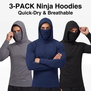 3-piece set men's outdoor work sun protection clothing with sun-blocking hoodie, featuring built-in face mask and neck guard, breathable long-sleeve hoodie