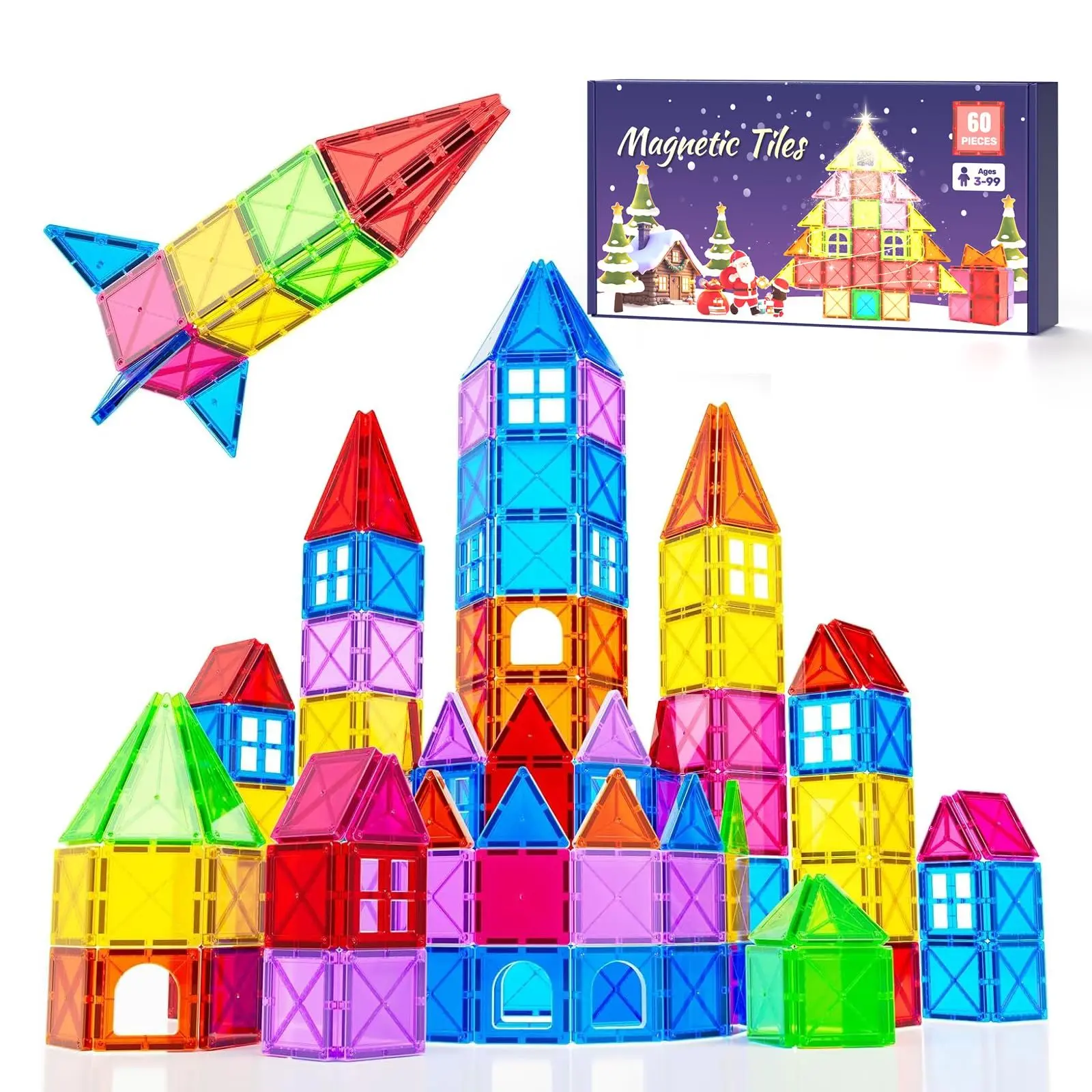 Mini Magnetic Tiles 60PCS for Kids Ages 3+, Travel Magnetic Building Blocks, STEM Learning Construction Toy, Toddler Educational Montessori Toys, Sensory Preschool Toys for Boys Girls, Birthday Christmas  novelty gift super braintoy