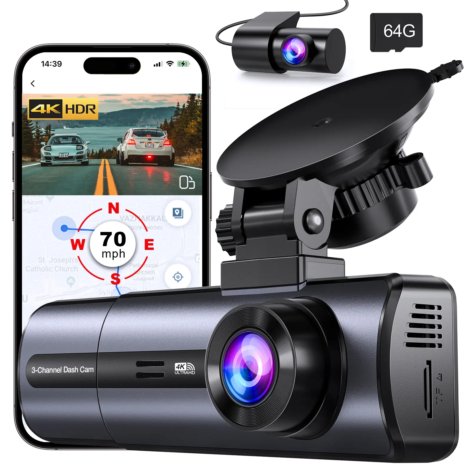 4K 3 Channel  WiFi Dash Cam, 4K/2.5K+1080P+1080P Front Inside and Rear,  Triple Dash Camera with 64GB Card, APP Control, G-Sensor,  Loop Recording, 24 Hours Parking Mode,Night Vision,Fathers Day Gift