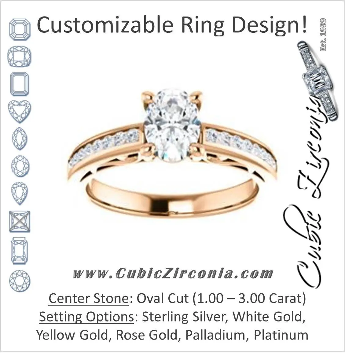 Cubic Zirconia Engagement Ring- The Jazmin Ella (Customizable Oval Cut with Three-sided Filigree and Channel Accents)