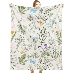 Spring Throw Blanket Wildflowers Butterfly Blanket Green Wild Flower Plant Blankets 60 x 50 Inches Vintage Herbs Blanket Colorful Wild Flowers Printed Flannel Blanket for Bed Sofa Chair