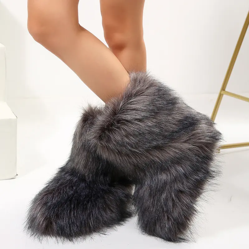Women's Mid-Calf  Boots Furry Fluffy Round Toe Suede Snow Winter Women Boots Comfy Plush Warm House Windproof  Outdoor Indoor  Shoes Springfresh