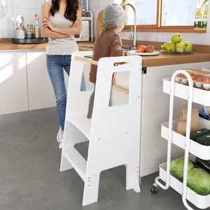 【Umbreco】Kids Standing Tower – White Montessori Wood Step Stool with Adjustable Height for Toddler Kitchen Learning & Skill Development