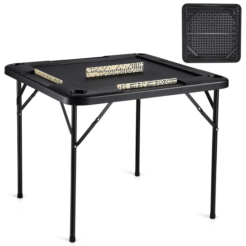 VEVOR 4-Player Mahjong Table, Easy Fold Portable Multi Purpose Foldable Card Table with 4 Cup Holders, Chip Trays, Easy Access to Drinks for Dominoes, Black