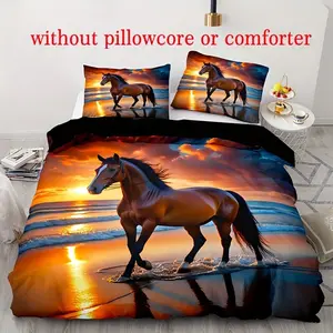 2D Print Horse Pattern Bedding Set, Soft Breathable Polyester Fabric, All-Season Use, Includes 1 Fitted Sheet + 2 Pillowcases