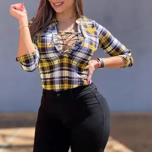 Chic Plaid Print Drawstring Blouse - Stylish Casual V-Neck Top with Comfortable Long Sleeves - Trendy Women's Clothing for Everyday Fashion