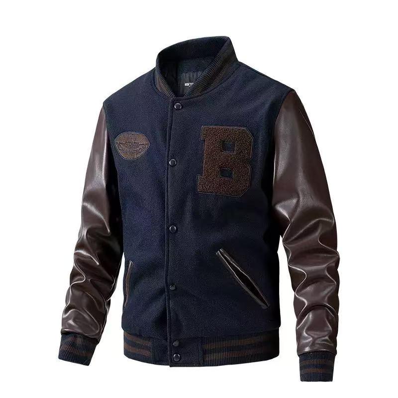 Men's Letter Patched Pocket Button Front Varsity Jacket, Casual Regular Fit Long Sleeve Stand Collar PU Leather Jacket Coat for Fall Winter