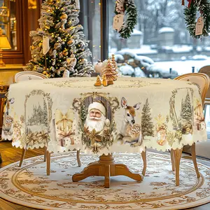1pc Rustic Polyester Christmas Tablecloth with Golden & White Vintage Santa Claus & Reindeer Design, Durable Woven Fabric for Festive Holiday Kitchen Decor,Round Table, Rectangle Table Cover, Indoor/Outdoor Use , Christmas Gift