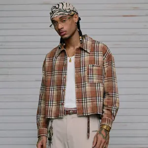 Men’s Oversized Cropped Plaid Flannel Shirt – Vintage Brown Check Button Up, Retro Grunge Streetwear, Casual Date Night Outfit