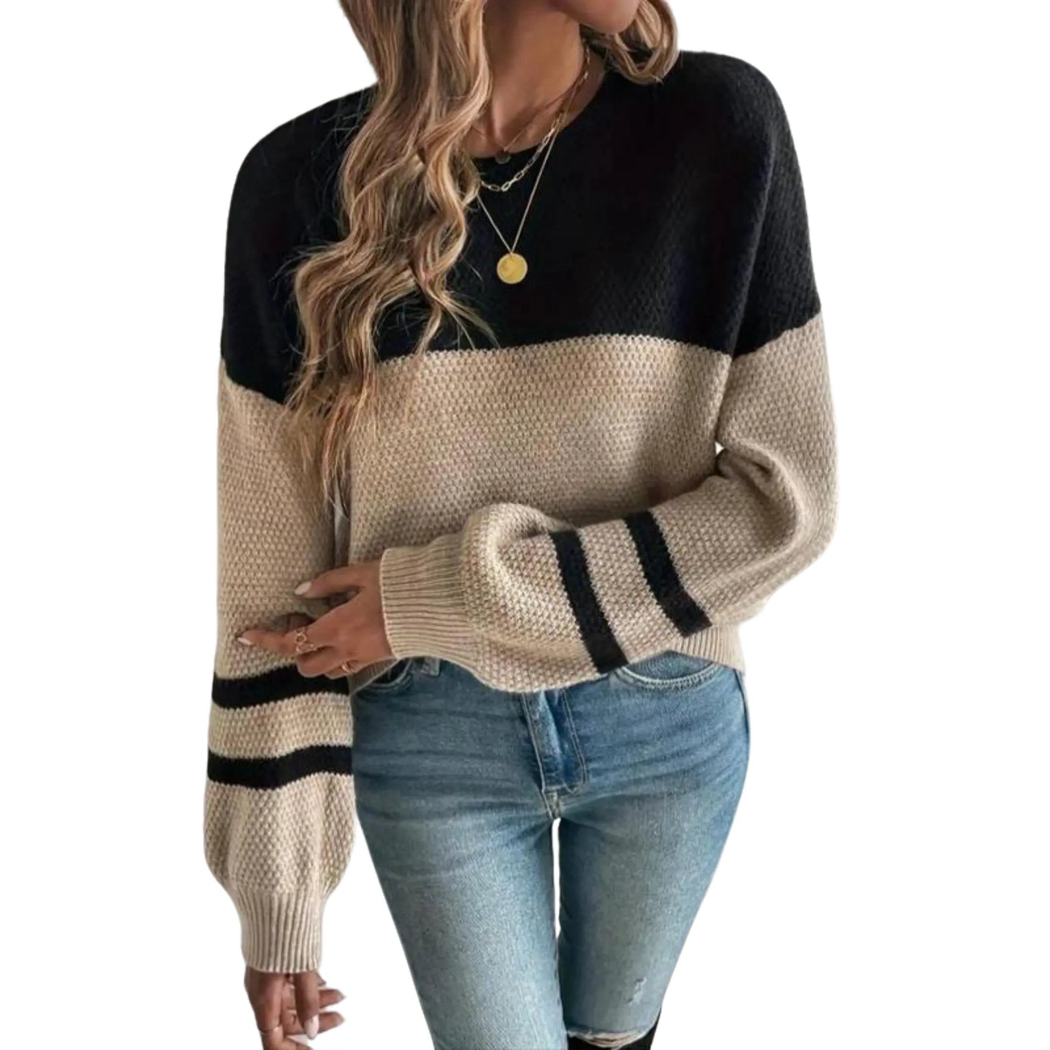 Women's Jumper, Plus Size Casual Colorblock Patchwork Style Knit Pullover with Drop-Shoulder Long Sleeves, Knitwear, Tops
