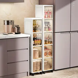 Multi-layer tall and narrow bathroom storage cabinet, portable toiletries storage cabinet with wheels, space-saving stackable storage containers, flip-top transparent cabinet door design, narrow storage unit, for small spaces