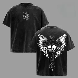 Gothic Cross Skull Graphic T-Shirt, Vintage Washed Oversized Tee, Angel Wings Skull Print, Dark Grunge Y2K Streetwear, Soft Cotton Unisex Outfit, Gym Pump Cover, Retro Harajuku Aesthetic, Gen Z Casual Top