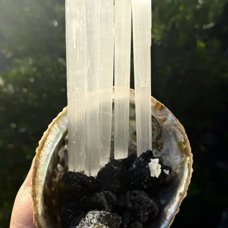 SELENITE WAND & RAW BLACK TOURMALINE, Reiki Healing Bag Pendant Bag Pendant Car Pendant
