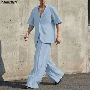 INCERUN Men's Old Money Vacation Suit Set Lightweight Soft Summer Blazer for Coastal Resort Vacations & Yacht Parties - Fabric, Clothes