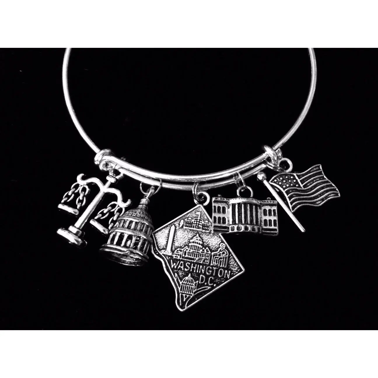 Washington DC Jewelry White House Expandable Charm Bracelet Capital Building Flag Adjustable Silver Bangle One Size Fits All Gift School Trip Jewelry