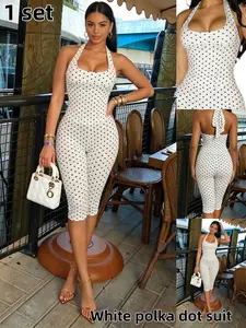 Two-Piece Set Polka Dot Summer Unique Cut-Out Asymmetrical Mesh Layered Slim Fit Short Sleeve, Perfect for Work and Dates, Summer Outfit Set