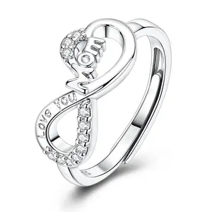 NARMO 925 Sterling Silver Infinity Mom Ring - Adjustable White Gold Plated Band with 6 to 9 AAA+ Grade Cubic Zirconia, Crafted "Love You" Engraved Jewelry Gift for Mothers (Thanksgiving, Birthday)
