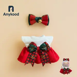Anykood Labbubu Christmas Ribbon Dress Red Plaid Bow Holiday Outfit for Doll 10-17cm Festive Wear with Gold Embroidery & Checkered Patterns Labubu Set